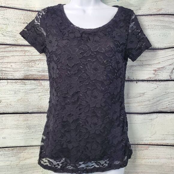 Banana Republic Black Lace Short Sleeve Top Size XS Floral Sheer Overlay Stretch - Picture 2 of 8